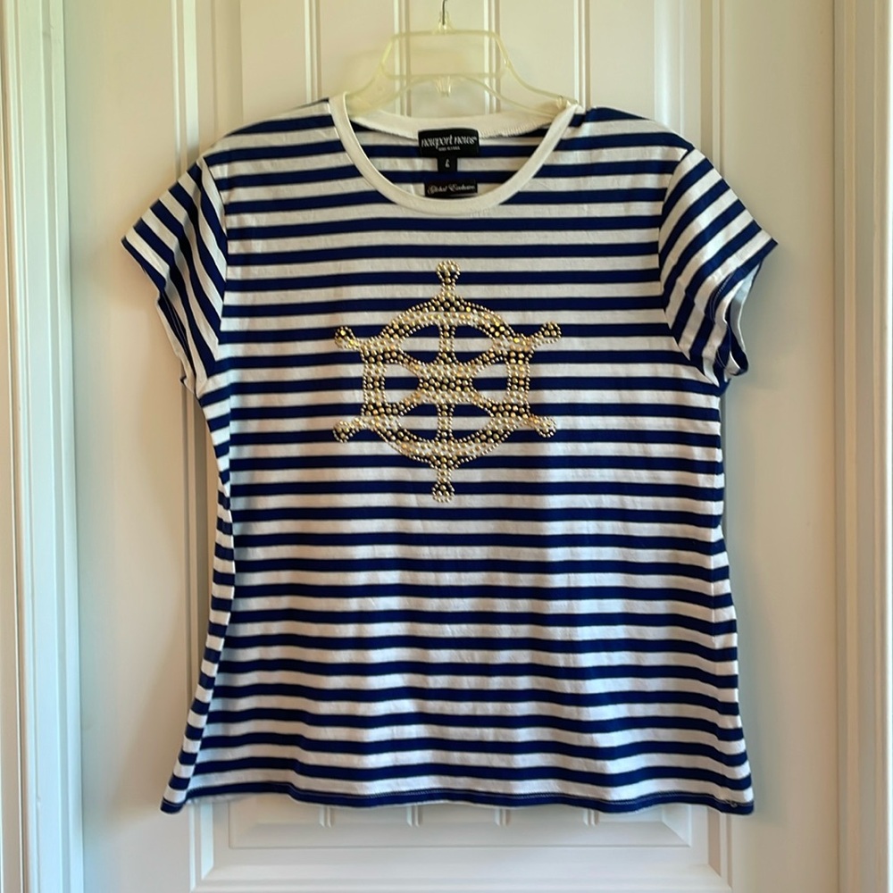Blue and white striped women’s short sleeve shirt